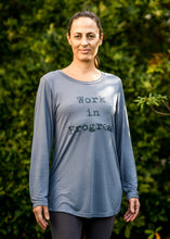 Load image into Gallery viewer, Organic Bamboo girls L/S t-shirt : Work in Progress, Stone/DK Teal