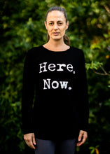Load image into Gallery viewer, Organic Bamboo girls L/S t-shirt : Here. Now. Black/ White
